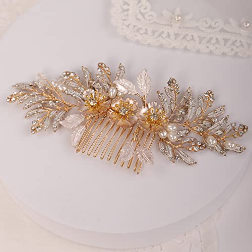 Missgrace Bride Wedding Crystal Pearl Leaf pente pente de cabelo de noiva dourado de ouro Rhinestone Cabelo de cabelo
