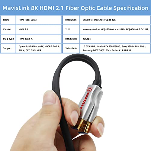 Mavislink 8k HDMI 2.1 Cabo de fibra óptica 40 pés 48 Gbps 8k 60Hz 4K 120Hz HDR/EARC/HDCP 2.3 Flexível Slim Adequado para RTX 3080 3090 Xbox Series x Ps5 Lg C9 Samsung Q90T TCL TCL
