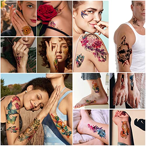 77 lençóis tatuagens temporárias, 17 folhas de meio braço de meio braço de tatuagens falsas coruja colorida de sonho de flores para o ombro de braço adulto, 60 folhas pequenas tatuagens temporárias à prova d'água realistas para mulheres e meninas