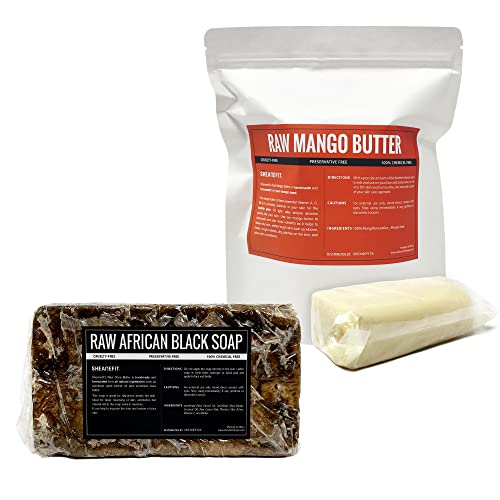 Sheanefit Raw Raw não refinado Mango Butter Bar 1lb & Sopa preta Africana Africana Pacote de barras de 1 lb Conjunto
