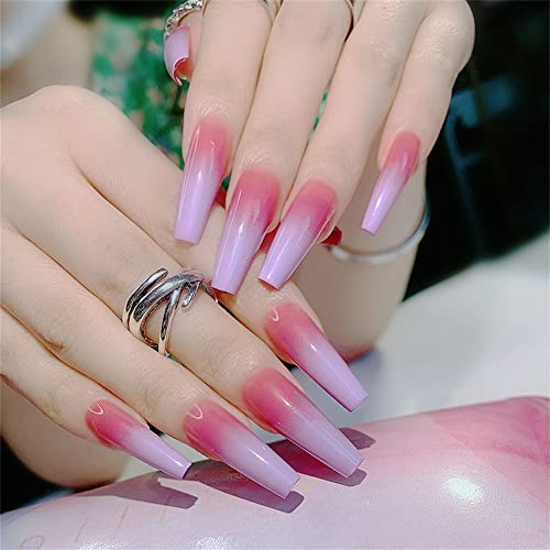 Pressione muito longa em unhas 24pcs/gradiente de gradiente roxo preto de caixão rosa roxo pregos de acrílico falso Pressione