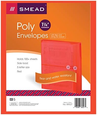Smead Poly Envelope, expansão de 1-1/4 , fechamento da tie de cordas, carga lateral, tamanho da letra, vermelho, 5 por pacote