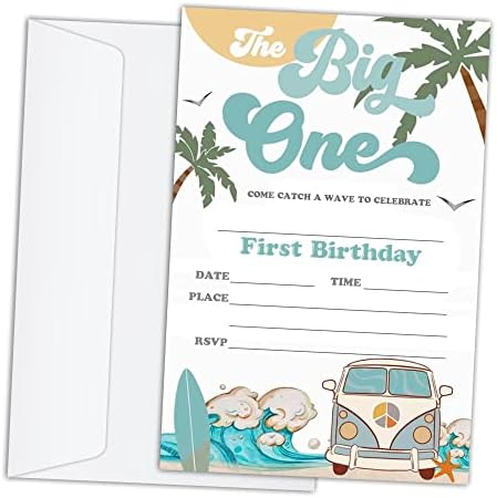 Cartões de convites de aniversário com envelopes Conjunto de 20 - Retro Surf Van Surfboard Beach Birthday Party Convites para crianças, meninos ou meninas, Celebração de festas infantis, suprimentos/bday045