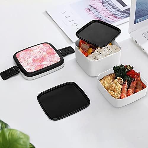 Rosas rosa de elegância rosa empilhável bento lanche reutilizável recipiente de almoço com utensílio para jantar escolar