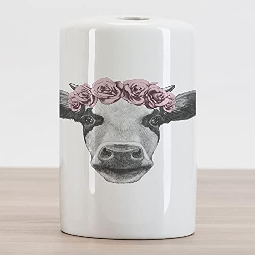 Porta de dentes cerâmica de animais de fazenda de Ambesonne, retrato de vaca com cor de rosas, bancada versátil decorativa para banheiro,