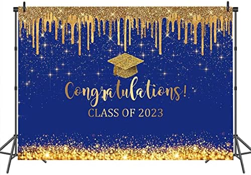 Mocsicka Blue e Gold Graduação Cenário Parabéns Classe de 2023 Antecedentes de fotografia Vinil 2023 Decorações de festa de graduação
