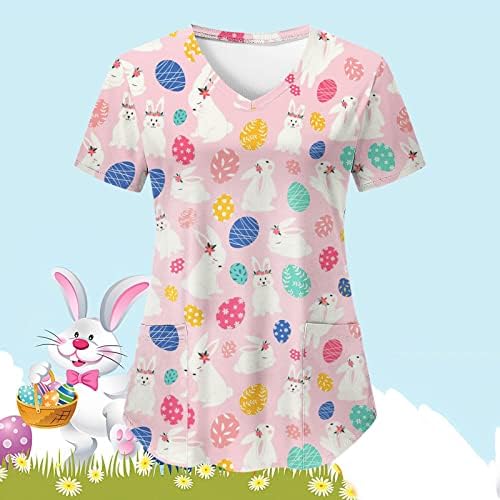 CGGMVCG Easter Scrub Tops Women Bunny Egg Print V Neck Camisetas de manga curta Tops de Páscoa soltos para mulheres 2023 com bolso