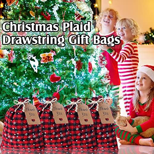 Shappy 24 pcs sacos de cordão de Natal de Natal Buffalo Bolsa de Candelas de Candelas Buffalo Sacos de Linha de Linho com 3,28 pés de corda 24 Cartão