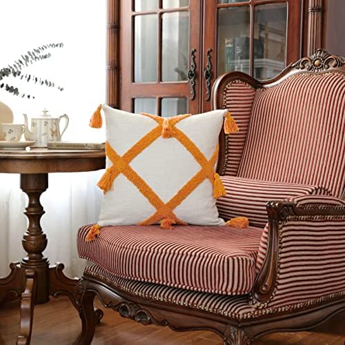 Ikatyarn 18x18 Capa de travesseiro boho, travesseiro de padrão de diamante geométrico de laranja com borlas, caixa de almofada decorativa para sofá de sofá ao ar livre