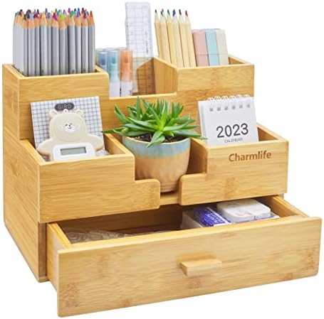 Charmlife Bamboo Desk Organizer Maquiagem gaveta de armazenamento de 3 camadas Gavetas de mesa de mesa Natural Bamboo Desktop