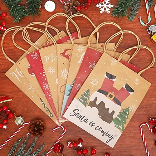 Fairylee Christmas Gift Sachs 24 PCs, Holiday Kraft Presente Sacos com 8 tipos Padrões de Natal e 24 PCs Papel de lenço de lenços