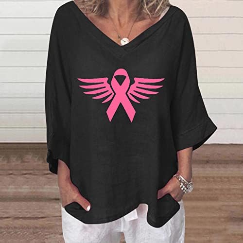 Camisa da blusa para meninas Summer Summer outono 3/4 manga 2023 algodão de linho/pescoço gráfico de cancelamento de câncer de mama