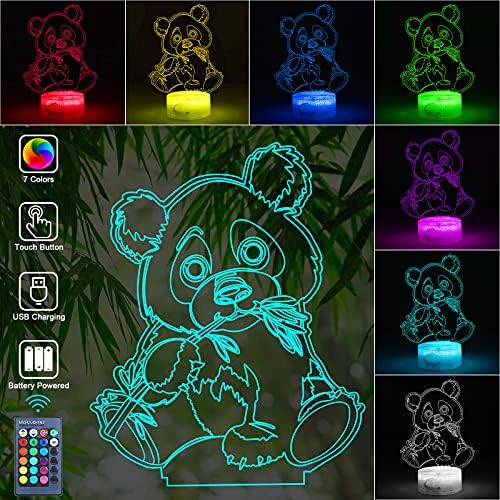 Afsun 3d Panda Night Light for Kids, Lâmpada de ilusão de LED 3D com controle remoto, 7 cores, diminuição, toque inteligente,