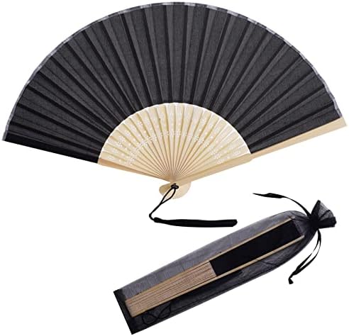 SL Crafts 50 sets fã de mão de seda imitada com borla e bolsas de presente Fan Fan Dobring Bamboo Fãs de handheld dobrados fãs