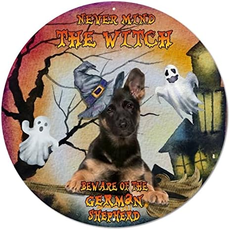 Placa redonda de metal signo Não importa a bruxa Cuidado com o cachorro Halloween Wreath Sign Prints de arte de metal Funny
