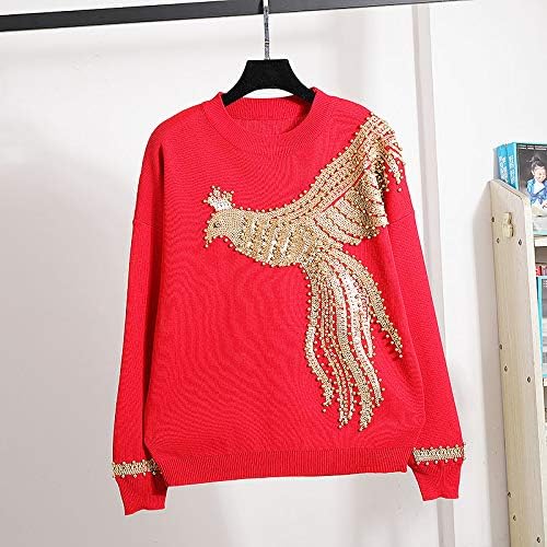 Redes de tracksuit Red Roupa Roupa de trabalho manual Lantejoulas Phoenix Sweater Pants Lápis Conjunto de tricô feminino