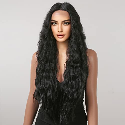 Chavendo longas perucas pretas escuras para mulheres, peruca de renda Curly Hair em camadas intermediárias parte