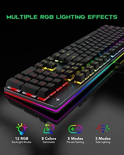 Black Shark RGB Mechanical Gaming Teclado Teclado LED de LED com interruptores azuis, Totalmente programável, Anti-Ghosting