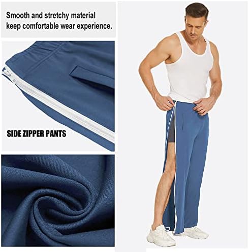Deyeek masculino rasga as calças de basquete 2 zíperes laterais se encaixam total aberto para baixo calça de pós -cirurgia com bolsos