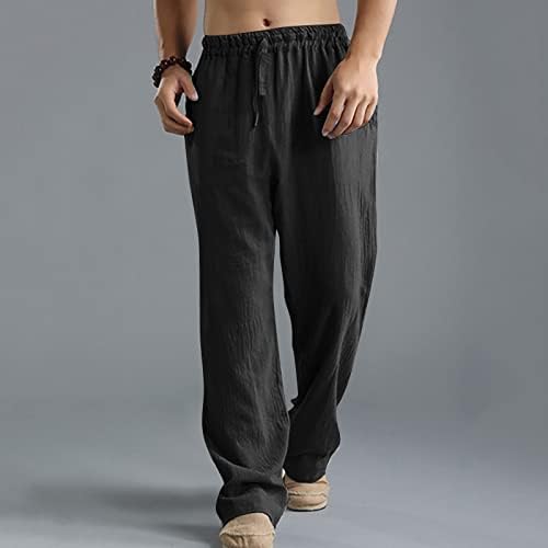 Calça de linho de algodão masculina de verão na cintura elástica casual de ioga calças de praia solta calça de moletom com bolsos
