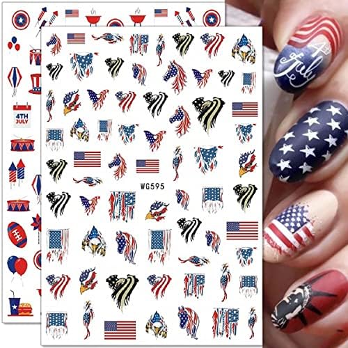 Adesivos de unhas patrióticas de Foweso 4 de julho Decalques de unhas estrelas listras águias bandeira americana adesivos de arte de unhas para mulheres meninas decorações de unhas com tema dos EUA 12 folhas