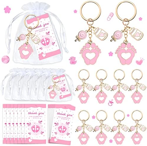 Buywumore 12 conjuntos para chá de bebê favorece os presentes de chaves de pegada rosa com sacolas de organza brancas de garrafa Lollipop e tags de agradecimento por uma menina