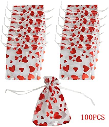 Yyangz 100pcs Branco Premium Premium Sacos de Organza com Padrão de Coração Amor, Bolsas de Favor de Casamento com Costela, 9x12cm