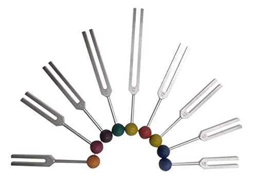 Solfeggio sagrado radical 9pc Fork com martelo de martelo de madeira para garfos curtos e bolas coloridas - Bênçãos DNA Milagres