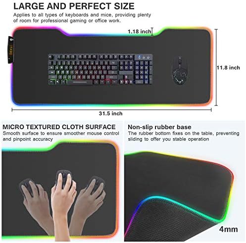 RGB Gaming Mouse Pad, Etrigger LED Mousepad grande e estendido com base de borracha sem deslizamento e 15 modos de iluminação,