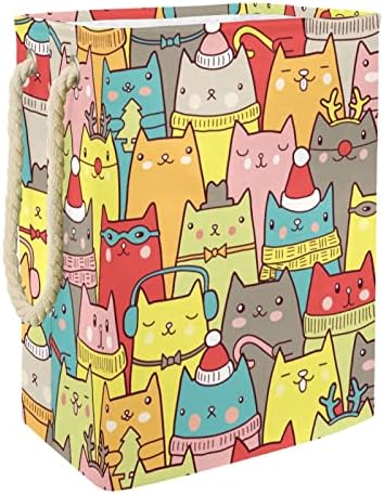 Christmas Cats coloridos enfrentam lavanderia cesto embutido embutido com suportes destacáveis ​​cesta de lavanderia com alças