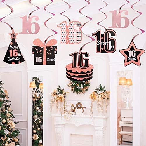 Decorações de aniversário de 16º aniversário, 8pcs 16 food penduram redemoinhos, doces de 16 anos de chapéu de aniversário decorações de estrelas, felizes de 16º aniversário de festas de aniversário