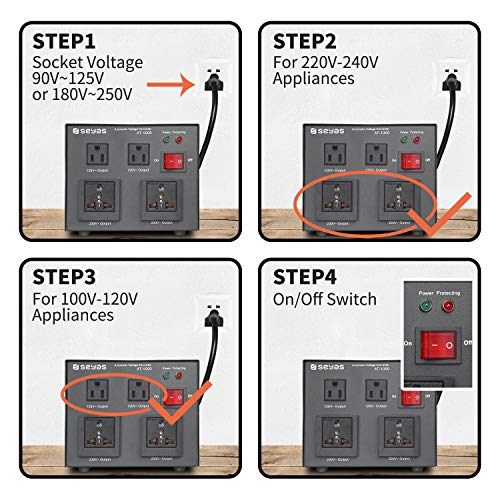 Seyas 1000w Auto-AUT-UP E DESLIGADO CONVERSOR DE TRANSFORMADORES DE TOLATAGEM, 110-120 a 220-240 volts, Soft Start & Full Load, 7x24hrs Run, Proteção do disjuntor, Patente dos EUA No. US9225259 B2