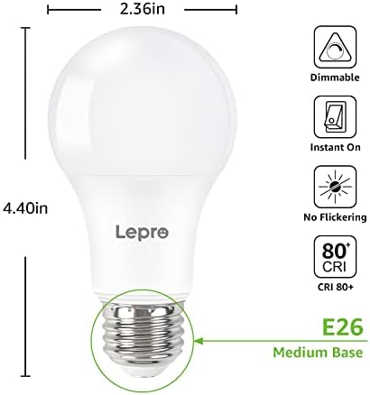 Lâmpadas LED de LED de lepro de 60 watts equivalentes, 9,5w 800lm Daylight White 5000k, A19 E26 Base média padrão, Ul FCC listada, 15000 horas de vida, 6 pacotes