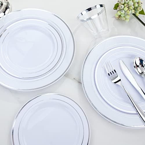 Placas de plástico prateado com prata com talheres e xícaras descartáveis, incluem: 50 pratos de jantar 10,25 ”, 50 placas