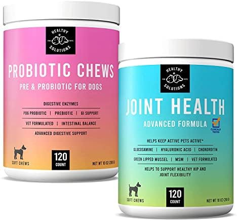 Probióticos para cães e pacote de condroitina de glucosamina - 120 mastigas macias cada - probióticos de cães e enzimas digestivas