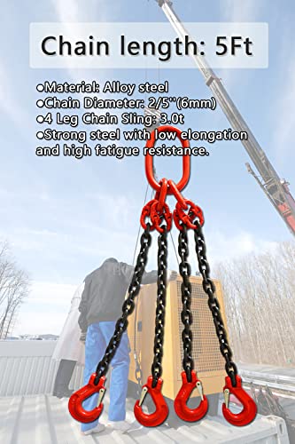 Chain Sling 2/5 polegadas x 5 pés 6614lb 4 pernas com ganchos de estilingue e ajustadores de grau 80 alloy aço da cadeia de montes elevadores 【3 toneladas】