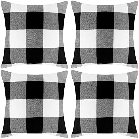 Conjunto Fixwal de 4 búfalo Verifique a xadrez capas de travesseiro da fazenda Caso de almofada ao ar livre Caso de algodão para decoração de casa preto e branco, 18 x 18 polegadas