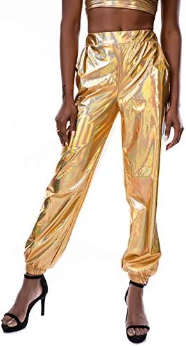 Siaeamrg feminino brilhante cintura alta alta calças de corredor elásticas, look molhado clube de hip hop use calças holográficas