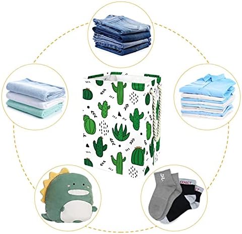 Cesta de lavanderia de padrões de cactos verdes desenhados à mão com alças dobráveis ​​cestas de lavanderia embutida com suportes destacáveis