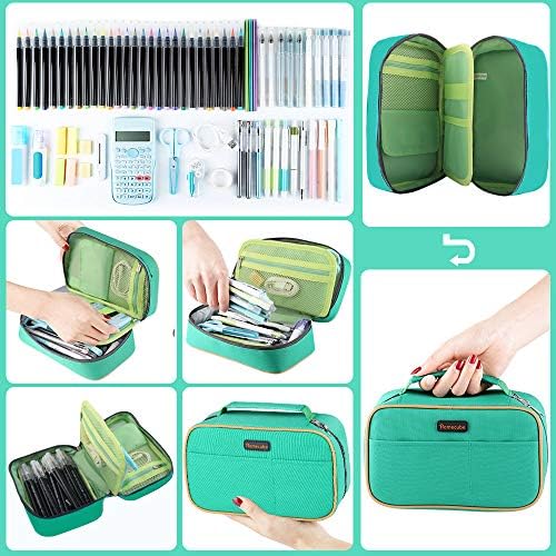 Caixa de lápis do HomeCube Big Capacidade de armazenamento Bolsa de maquiagem Bolsa de maquiagem Estudantes bolsa de papelaria com bolsos externos e alça- 8.23x5.12x3.15- Verde