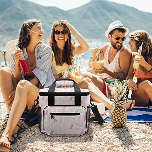 Fibrons rosa do câncer de mama Camping Bolsa fria isolada caixa de gelo portátil Caso de peito à prova de vazamento Caso de almoço de resfriamento com zíper para carro de piquenique para viagens de praia