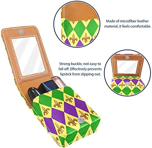 Mardi Gras Padrão Caso pequeno de batom com espelho para bolsa, suporte de maquiagem cosmética de couro durável, kit de armazenamento cosmético portátil de viagem