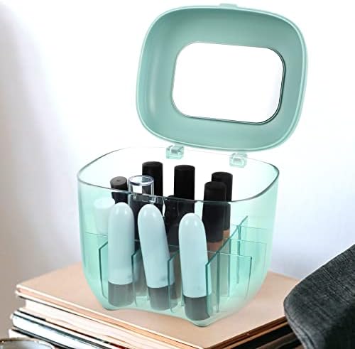 Tampa de cabilock: cômoda de caixa armazenamento cosmético para maquiagem Blue multifuncional Exibir espelho de bandeja de