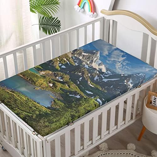 Folha de berço com tema de montanha, colchão de berço padrão folhas macias e respiráveis ​​lençóis de berço-bebê para menina ou menino, 28 x52, multicolor