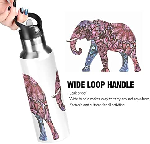 Mandala de elefante rosa gláfico 32 oz garrafa de água, garrafa de água com aço inoxidável isolada com tampa de palha, para esportes,