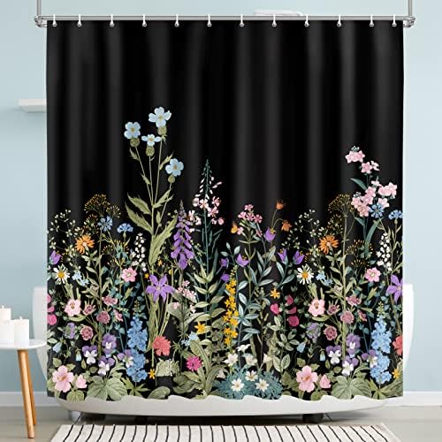 Cortana de chuveiro floral preto Lalumix, cortinas de chuveiro de flores para banheiro com 12 ganchos, cortina de chuveiro de tecido