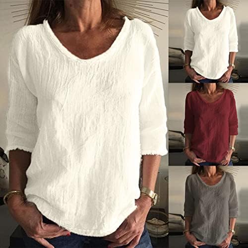 Tops de linho de algodão para mulheres 3/4 manga de cor sólida blusa casual casual colheita de triwneck de camisetas básicas