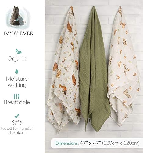 Ivy e sempre orgânica Citopmina de musselina de algodão unissex - Woodland Baby Swaddle Wrap Berçário recebendo cobertores neutros - cobertor de bebê de bebê 47 x 47 polegadas Cobertoras de recebimento da floresta 3 pacote de 3 pacote