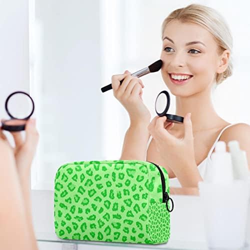 Bolsa de maquiagem de estampa de leopardo verde Bolsa de trem portátil de viagem portátil para mulheres, Bolsa de armazenamento