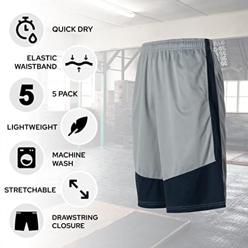 Shorts atléticos para homens - 5 pacote de pacote de pacote ativo de roupas de basquete seco rápido - treino, academia, corrida